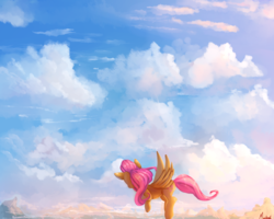 Size: 2500x2000 | Tagged: safe, artist:miokomata, fluttershy, pegasus, pony, g4, cloud, female, flying, high res, looking away, mare, sky, solo, spread wings, wings
