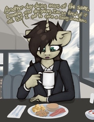 Size: 1528x1975 | Tagged: safe, artist:marsminer, oc, oc only, oc:kathy, oc:keith, unicorn, anthro, bacon, clothes, dialogue, female, food, meat, mug, ponies eating meat, rule 63, solo, suit
