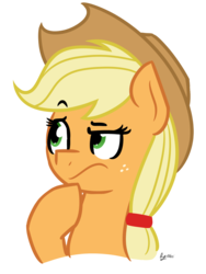 Size: 900x1200 | Tagged: safe, artist:alexi148, applejack, earth pony, pony, g4, bust, emoji, female, freckles, simple background, solo, thinking, transparent background, 🤔