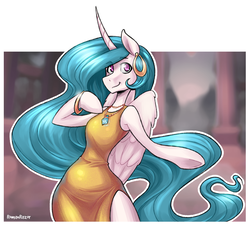 Size: 1024x925 | Tagged: safe, artist:romanrazor, princess celestia, alicorn, anthro, g4, arm hooves, bracelet, clothes, dress, female, jewelry, large wings, looking at you, mare, necklace, smiling, solo, wings