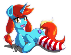 Size: 2700x2069 | Tagged: safe, artist:danmakuman, oc, oc only, oc:armored star, pony, unicorn, clothes, female, high res, mare, simple background, smiling, socks, solo, stockings, striped socks, thigh highs, transparent background