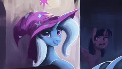 Size: 1920x1080 | Tagged: safe, artist:hierozaki, trixie, twilight sparkle, alicorn, pony, unicorn, g4, clothes, duo, female, friendship throne, hat, looking at you, mare, open mouth, smiling, solo focus, throne, trixie's hat, twilight sparkle (alicorn), twilight sparkle is not amused, unamused