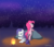 Size: 1000x867 | Tagged: safe, artist:empyu, pinkie pie, rarity, earth pony, pony, unicorn, g4, the last roundup, campfire, duo, female, fire, mare, night, night sky, sky, smiling, starry night, stars, unamused