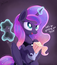 Size: 1980x2250 | Tagged: safe, artist:bugplayer, princess luna, alicorn, pony, gamer luna, g4, chest fluff, controller, dialogue, ear fluff, female, food, glowing horn, horn, levitation, magic, mare, open mouth, popcorn, sitting, smiling, solo, telekinesis, video game