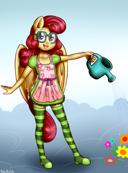 Size: 1848x2500 | Tagged: safe, artist:anibaruthecat, posey shy, anthro, plantigrade anthro, g4, apron, clothes, cloud, cute, ear fluff, female, flower, glasses, hoof feet, looking at you, open mouth, smiling, socks, solo, stockings, striped socks, thigh highs, watering, watering can, younger