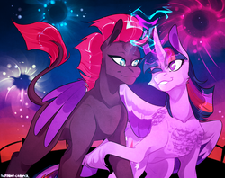 Size: 1720x1361 | Tagged: safe, artist:polkadot-creeper, fizzlepop berrytwist, tempest shadow, twilight sparkle, alicorn, classical unicorn, pony, unicorn, g4, my little pony: the movie, chest fluff, cloven hooves, duo, female, fireworks, glowing horn, horn, leonine tail, lesbian, looking at each other, one eye closed, ship:tempestlight, shipping, smiling, spread wings, twilight sparkle (alicorn), unshorn fetlocks, wings, wink