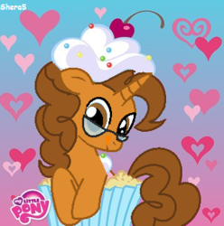 Size: 322x324 | Tagged: safe, artist:shera5, oc, oc only, oc:thomasseidler, oc:thomastheautisticunicorn, cherry, cupcake, cute, dessert, food, frosting, glasses, heart, logo, my little pony logo, thomas