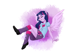 Size: 2423x1834 | Tagged: safe, artist:bunnyartblog, twilight sparkle, equestria girls, g4, eyes closed, female, smiling, solo, spread wings, wings
