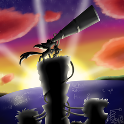 Size: 720x721 | Tagged: safe, artist:florarena-kitasatina/dragonborne fox, pony, black foreground, cloud, crossover, island, ocean, solo, spoilers for a game, stars, sunset, telescope, watermark, windswept mane, wires, world of goo