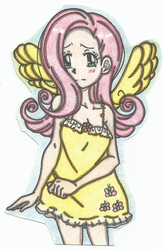 Size: 696x1064 | Tagged: safe, artist:lorenavldz09, fluttershy, human, g4, blushing, breasts, cleavage, clothes, dress, female, humanized, looking at you, solo, spread wings, traditional art, winged humanization, wings, yellow dress