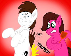 Size: 3800x3000 | Tagged: safe, artist:aarondrawsarts, oc, oc only, oc:brain teaser, oc:rose bloom, earth pony, pony, spider, bipedal, brainbloom, flyswatter, high res, literal butthurt, ouch, pain, reddened butt, spanking, tumblr