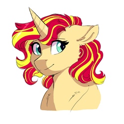 Size: 2000x2000 | Tagged: safe, artist:scarletskitty12, sunset shimmer, pony, unicorn, g4, bust, chest fluff, cute, ear fluff, female, floppy ears, high res, mare, shimmerbetes, simple background, smiling, solo, white background