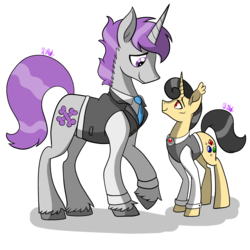 Size: 2000x2000 | Tagged: safe, artist:chelseawest, oc, oc only, oc:ianto, oc:richard, pony, unicorn, clothes, cufflinks, cuffs (clothes), gay, high res, male, oc x oc, shipping, simple background, size difference, stallion, transparent background