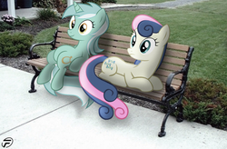 Size: 900x592 | Tagged: safe, artist:lukijimomk, bon bon, lyra heartstrings, sweetie drops, g4, bench, duo, irl, photo, ponies in real life, ponies sitting next to each other