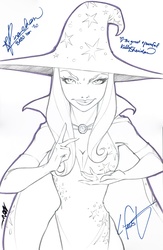 Size: 2169x3326 | Tagged: safe, artist:nicole gauss, trixie, human, g4, accessory swap, autograph, breasts, cape, cleavage, clothes, commission, female, hat, high res, humanized, jewelry, kelly sheridan, kira buckland, lauren faust, looking at you, magician outfit, necklace, rina-chan, shoe glimmer, signature, sketch, solo, trixie's hat