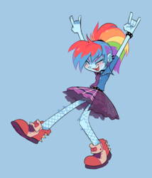 Size: 1200x1400 | Tagged: safe, artist:xenon, rainbow dash, equestria girls, friendship through the ages, g4, 80s, blue background, blushing, clothes, devil horn (gesture), dress, eyes closed, female, fishnet stockings, multicolored hair, open mouth, rainbow punk, shoes, simple background, smiling, solo, torn clothes