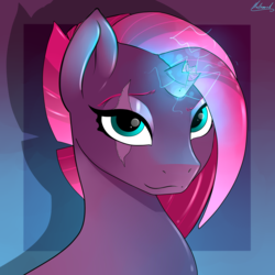 Size: 3000x3000 | Tagged: safe, artist:malamol, tempest shadow, pony, unicorn, g4, my little pony: the movie, alternate hairstyle, broken horn, bust, electricity, eye scar, female, high res, horn, looking at you, mare, scar, smiling, solo