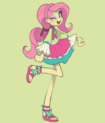 Size: 1200x1400 | Tagged: safe, artist:xenon, fluttershy, equestria girls, friendship through the ages, g4, clothes, cute, dress, feet, female, folk fluttershy, looking at you, one eye closed, open mouth, raised leg, sandals, shyabetes, simple background, smiling, solo, wink, yellow background