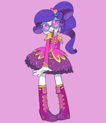 Size: 1201x1400 | Tagged: safe, artist:xenon, rarity, equestria girls, friendship through the ages, g4, alternate hairstyle, blushing, clothes, dress, female, glasses, open mouth, pink background, sgt. rarity, shoes, simple background, smiling, solo, sunglasses