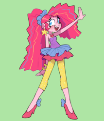 Size: 1200x1400 | Tagged: safe, artist:xenon, pinkie pie, equestria girls, friendship through the ages, g4, 2000s, blushing, clothes, dress, ear piercing, earring, female, high heels, jewelry, new wave pinkie, open mouth, piercing, shoes, simple background, smiling, solo