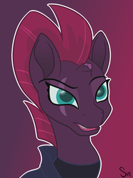 Size: 1613x2160 | Tagged: safe, artist:sintakhra, tempest shadow, pony, unicorn, g4, my little pony: the movie, armor, broken horn, bust, colored pupils, eye scar, female, gradient background, horn, mare, portrait, raised eyebrow, scar, solo