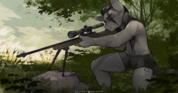 Size: 1400x731 | Tagged: safe, artist:foxinshadow, oc, oc only, anthro, bipod, bolt-action rifle, clothes, commission, gun, male, one eye closed, patience, rifle, scenery, shade, sniper rifle, solo, underwear, weapon