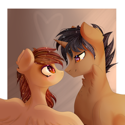 Size: 3000x3000 | Tagged: safe, artist:silvia-zero, oc, oc only, oc:aegis aurora, oc:harmony inkwell, pegasus, pony, unicorn, blushing, boop, chest fluff, duo, female, harmogis, high res, husband and wife, looking at each other, male, noseboop