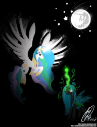 Size: 2000x2600 | Tagged: safe, artist:ppdraw, princess celestia, queen chrysalis, alicorn, changeling, changeling queen, pony, g4, art trade, female, high res, moon
