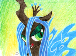 Size: 1580x1183 | Tagged: safe, artist:stingray-24, queen chrysalis, changeling, changeling queen, g4, colored pencil drawing, crown, female, jewelry, pencil drawing, regalia, solo, trace, traditional art