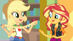 Size: 1366x768 | Tagged: safe, screencap, applejack, sunset shimmer, a fine line, equestria girls, equestria girls series, g4, apple, duo, female, food, geode of empathy, geode of super strength, knife, magical geodes
