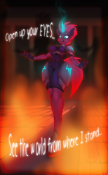 Size: 3060x4958 | Tagged: safe, artist:lil miss jay, fizzlepop berrytwist, tempest shadow, anthro, unguligrade anthro, g4, my little pony: the movie, breasts, broken horn, busty tempest shadow, clothes, curvy, dialogue, eye scar, female, fire, gloves, glowing horn, horn, hourglass figure, open up your eyes, overkill, scar, scene interpretation, solo, sparking horn, stupid sexy tempest shadow, thick, wide hips