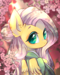 Size: 900x1117 | Tagged: safe, artist:snow angel, fluttershy, pony, g4, cherry blossoms, clothes, cute, ear fluff, female, flower, flower blossom, hair bun, kimono (clothing), looking at you, looking back, mare, shyabetes, solo