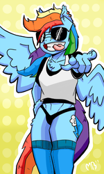 Size: 600x1000 | Tagged: safe, artist:sonikku001, rainbow dash, anthro, g4, clothes, cool, ear piercing, glasses, piercing, tongue out, wings