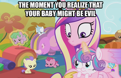 Size: 1105x706 | Tagged: safe, edit, edited screencap, screencap, coconut palm, cranberry pit, cream puff, grape stem, princess cadance, princess flurry heart, stratus wind, alicorn, pony, g4, once upon a zeppelin, :t, caption, evil, evil flurry heart, female, foal, frown, image macro, levitation, magic, mare, meme, open mouth, smiling, spread wings, telekinesis, text, wide eyes, wings