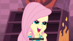 Size: 1366x768 | Tagged: safe, screencap, fluttershy, a fine line, equestria girls, g4, my little pony equestria girls: better together, female, fluttershy's revenge, glare, open mouth, smiling, smirk, solo, subtitles