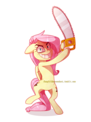 Size: 2448x3264 | Tagged: safe, artist:fangirldescendant, fluttershy, pony, .mov, shed.mov, g4, chainsaw, female, fluttershed, high res, insanity, simple background, solo, white background