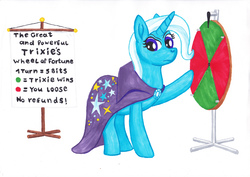 Size: 3504x2484 | Tagged: safe, artist:malte279, trixie, pony, unicorn, g4, cape, clothes, female, great and powerful, high res, i win, mare, marker drawing, simple background, solo, third person, traditional art, trixie's cape, wheel of fortune, white background, you lose