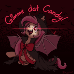 Size: 1000x1000 | Tagged: safe, artist:tehflah, oc, oc only, oc:joyous ways, bat pony, bat pony oc, cute, halloween, halloween costume, happy, hat, holiday, not fluttershy, open mouth, solo, witch, witch hat