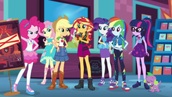 Size: 1280x720 | Tagged: safe, screencap, applejack, fluttershy, pinkie pie, rainbow dash, rarity, sci-twi, spike, spike the regular dog, sunset shimmer, twilight sparkle, dog, a fine line, equestria girls, g4, my little pony equestria girls: better together, clothes, converse, female, geode of empathy, geode of shielding, geode of sugar bombs, geode of super speed, geode of super strength, geode of telekinesis, glasses, humane five, humane seven, humane six, magical geodes, ponytail, rarity peplum dress, sci-twi skirt, shoes, skirt, sneakers, tirek's revenge