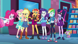 Size: 1280x720 | Tagged: safe, screencap, applejack, fluttershy, pinkie pie, rainbow dash, rarity, sci-twi, spike, spike the regular dog, sunset shimmer, twilight sparkle, dog, a fine line, equestria girls, equestria girls series, g4, clothes, converse, female, fluttershy boho dress, geode of empathy, geode of fauna, geode of shielding, geode of sugar bombs, geode of super speed, geode of super strength, geode of telekinesis, glasses, humane five, humane seven, humane six, magical geodes, ponytail, rarity peplum dress, shoes, skirt, sneakers
