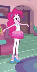 Size: 321x618 | Tagged: safe, screencap, pinkie pie, equestria girls, equestria girls series, g4, pinkie sitting, armpits, clothes, cropped, cutie mark on clothes, female, geode of sugar bombs, hairband, jewelry, magical geodes, necklace, pantyhose, pinkie pie's house, rah rah skirt, shoes, skirt, smiling, solo, tank top