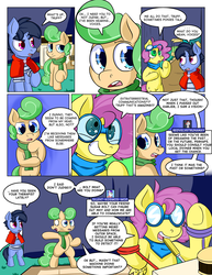 Size: 1280x1656 | Tagged: safe, artist:zanezandell, oc, oc only, oc:krabby, oc:sugarbolt, oc:truffle mint, pony, comic:cmcnext, ascot, ask, bipedal, cape, clothes, cmcnext, comic, goggles, mouth hold, scarf, screwdriver, shirt, speech bubble, tumblr, two-face