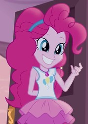 Size: 514x720 | Tagged: safe, screencap, pinkie pie, equestria girls, g4, my little pony equestria girls: better together, pinkie sitting, clothes, cropped, cute, female, geode of sugar bombs, hairband, rah rah skirt, skirt, smiling