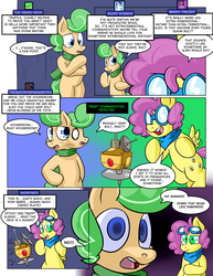 Size: 1280x1656 | Tagged: safe, artist:zanezandell, oc, oc only, oc:sugarbolt, oc:truffle mint, pony, comic:cmcnext, ascot, ask, clothes, cmcnext, colt, comic, communicating, communicator, confused, dark background, floating, forbidden topic, goggles, implied human, implied lyra, machine, male, pink hair, scarf, that pony sure does love humans, tumblr