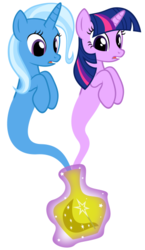 Size: 314x542 | Tagged: safe, artist:navitaserussirus, trixie, twilight sparkle, genie, asktwixiegenies, g4, cropped, female, lesbian, ship:twixie, shipping, simple background, species swap, white background