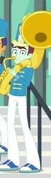 Size: 208x720 | Tagged: safe, screencap, cranberry mint, a queen of clubs, equestria girls, g4, my little pony equestria girls: better together, background human, cropped, looking at you, male, musical instrument, smiling, solo, sousaphone, tuba