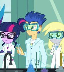 Size: 912x1023 | Tagged: safe, screencap, derpy hooves, flash sentry, rainbow dash, sci-twi, twilight sparkle, a queen of clubs, equestria girls, equestria girls series, g4, beaker, chemistry, clothes, flask, frown, geode of telekinesis, glasses, goggles, jewelry, lab coat, lidded eyes, necklace, raised eyebrow, safety goggles, smiling, smoke, test tube, unamused
