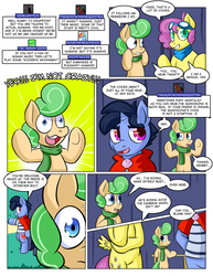 Size: 1280x1656 | Tagged: safe, artist:zanezandell, oc, oc only, oc:krabby, oc:sugarbolt, oc:truffle mint, pony, comic:cmcnext, ascot, ask, bipedal, camera shy, cape, clothes, cmcnext, colt, comic, eyelid, goggles, male, nervous, pointing, scarf, shirt, sweat, tumblr