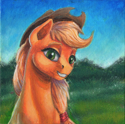 Size: 1200x1195 | Tagged: safe, artist:sa1ntmax, applejack, g4, bust, female, grin, painting, portrait, smiling, solo, traditional art