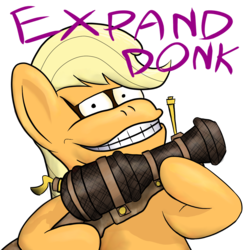 Size: 1200x1200 | Tagged: safe, artist:phat_guy, derpibooru exclusive, applejack, ape, earth pony, hybrid, pony, g4, bipedal, cannon, caption, demoman, demoman (tf2), donk, donkey kong, english, expand dong, expand donk, exploitable meme, female, fusion, grin, gun, holding, hoof hold, loose cannon, mare, meme, missing hat, nutcracker mk.ii, simple background, smiling, solo, spray, team fortress 2, tf2 spray, transparent background, war paint, wat, weapon